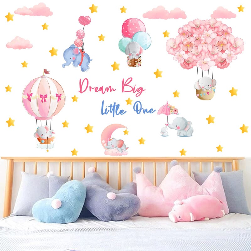 KOKOLAP Dream Big Little One Wall Stickers,Pink Elephant Wall Decals Nursery Decor,Flowers Hot Air Balloon Wall Sticker Baby Girl Room Decor,Cloud Stars Wall Decal for Kids Room Bedroom Playroom Decor - Image 5